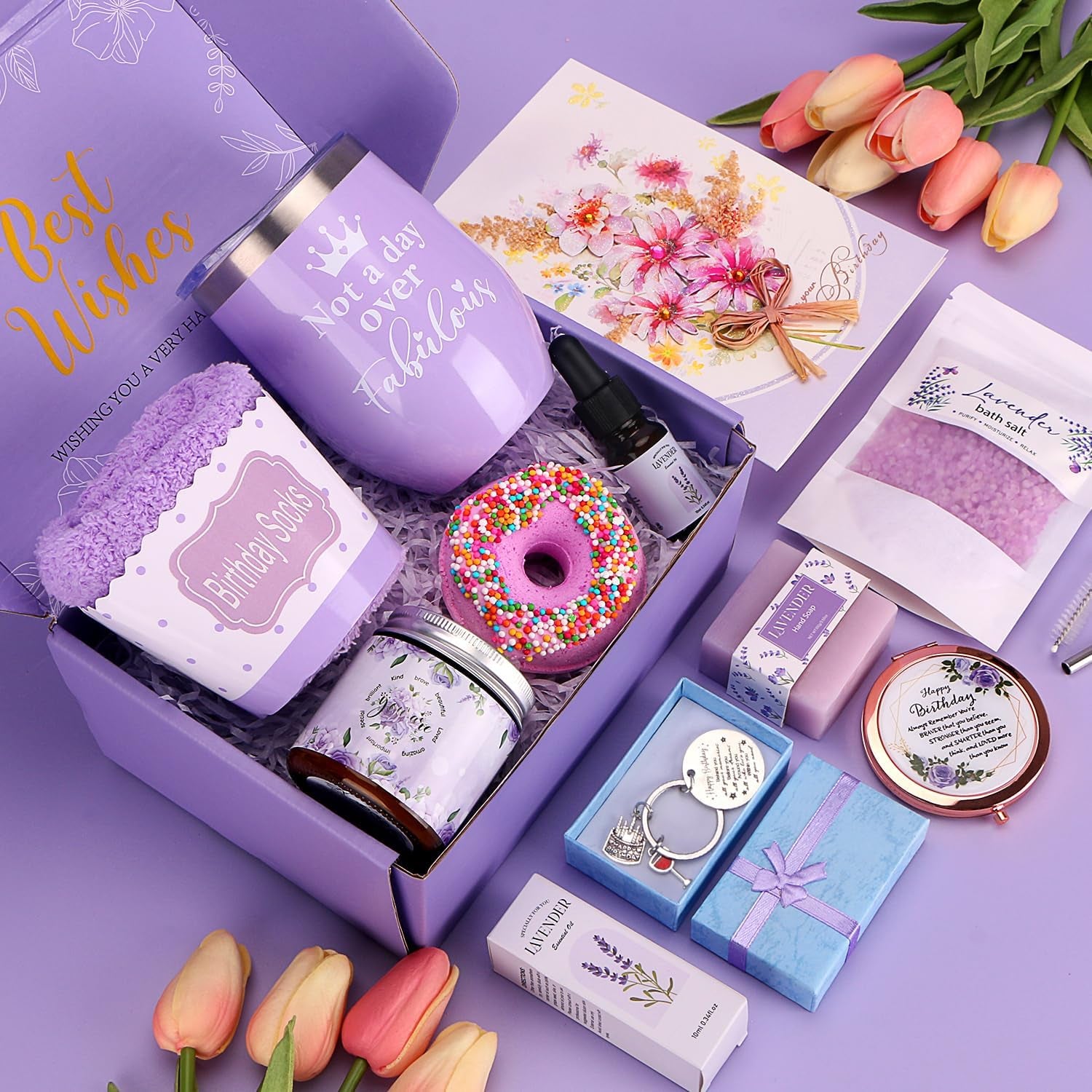 Birthday Gifts for Women, Lavender Happy Birthday Pamper Hampers Self Care Package for Her Mum Best Friend Sister Wife Daughter, Female Relaxation Birthday Presents for 18Th 21St 30Th 40Th 50Th 60Th