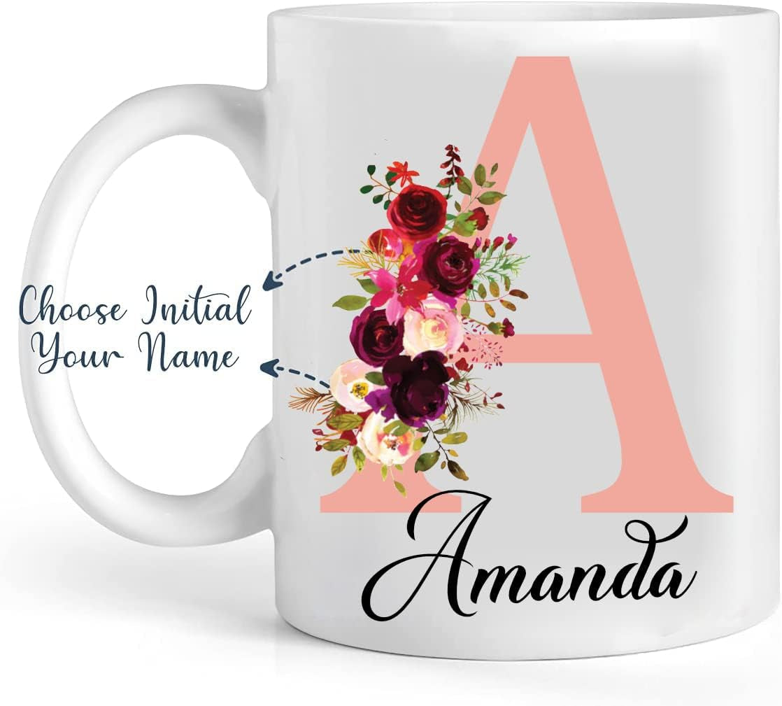 Personalised Floral Mug Stylish Initial with Name, Customised Gift for Valentine’S Day, Birthday, Christmas Day for Mom, Dad, Kids, Friends or Girls, 11Oz Ceramic Coffee/Tea Cup (Rose Gold)