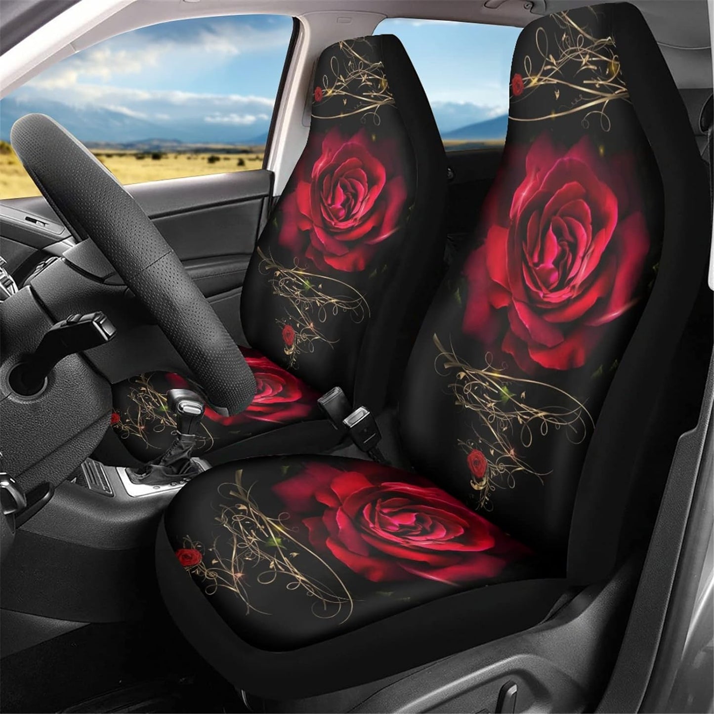 Car Seat Cover for Front Seat Only Red Rose Flower Easy to Install Car Accessories Universal Fit for SUV Truck Vans Sedans Bucket Seat Protector Car Seat Cushions for Women Men
