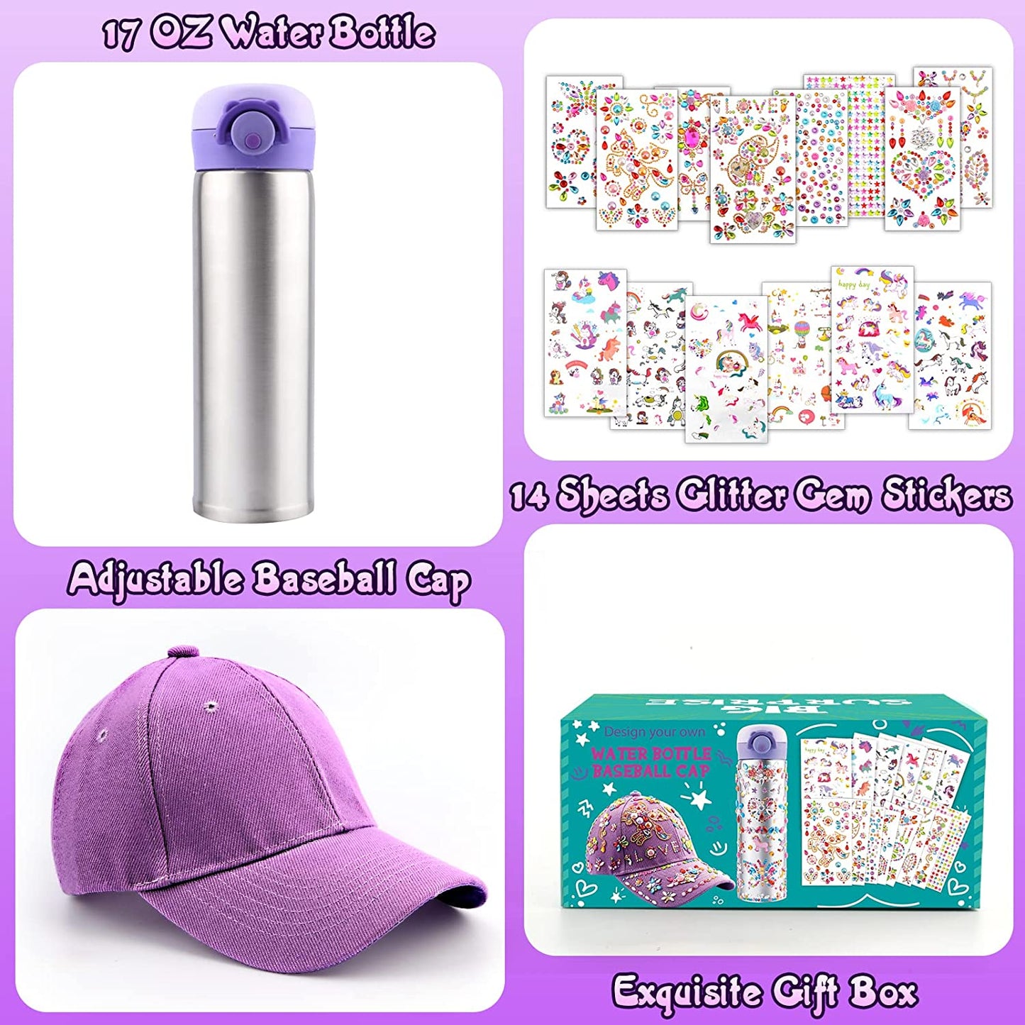 Gifts for Girls 4 5 6 7 8 9 10 Year Old DIY Water Bottle & Baseball Cap, Decorate Your Own Water Bottle with Gem & Unicorn Stickers, Valentine'S Day Birthday Present Girls Age 4-12, Cap & Bottle Craft
