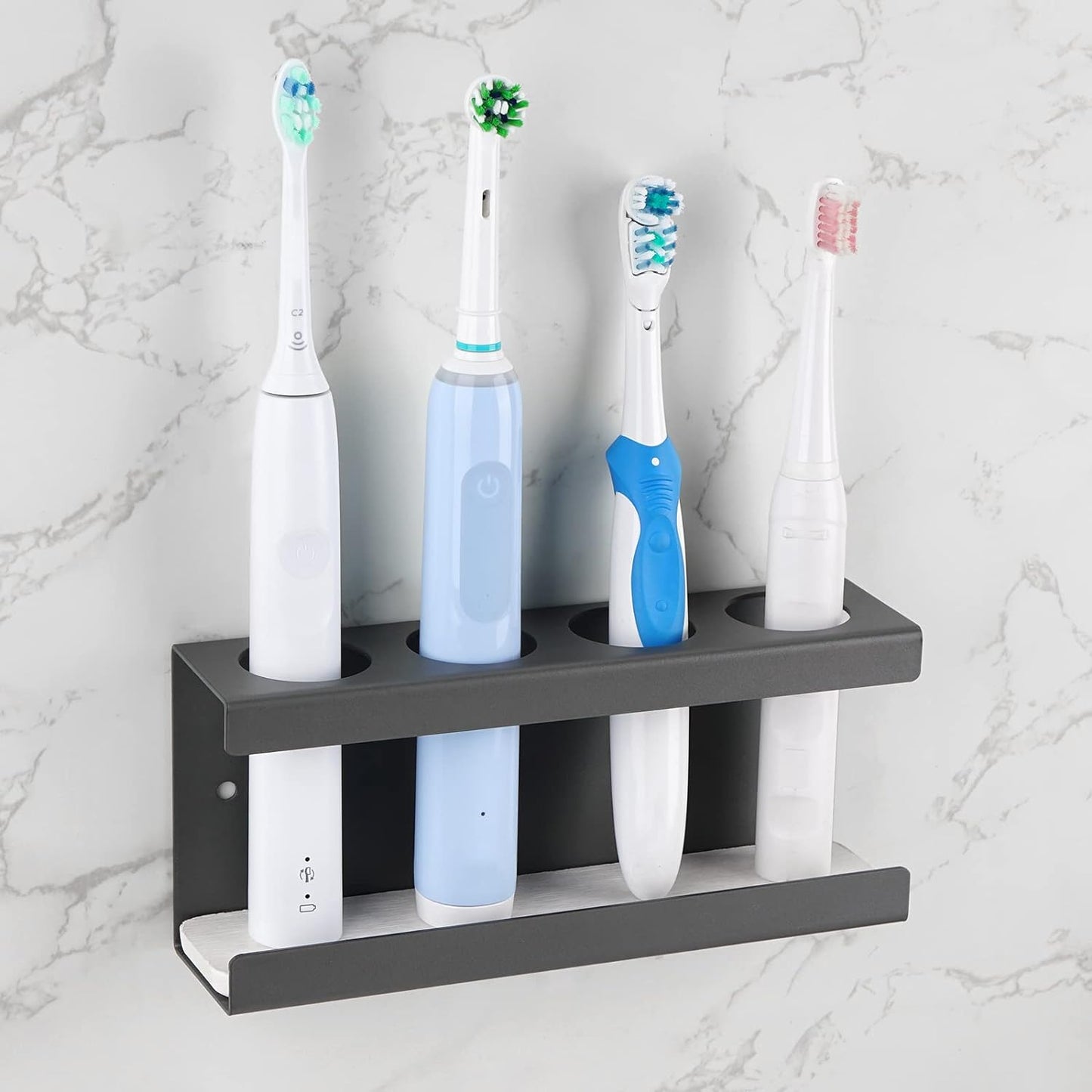 Wall Mounted Electric Toothbrush Holder, 4 Slots Toothbrush Stand with Diatomite Dish, Toothbrush Rack Compatible with Aquasonic Black Series, Kingheroes Sonic, Oral-B (Black) (JJL7178001)