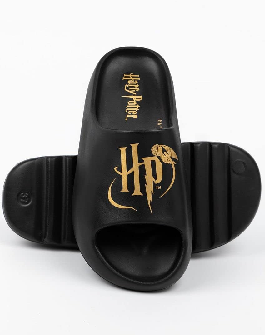Sliders Ladies Womens | Black Moulded Sandals Golden Snitch HP Logo | Magical Summer Shoes Footwear