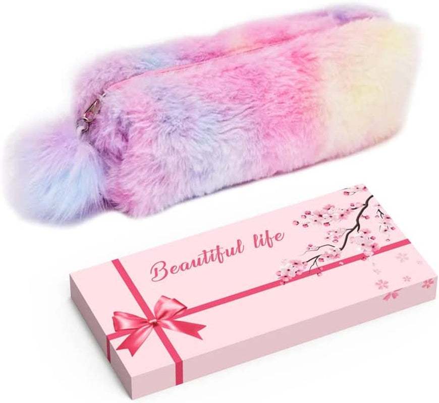 Plush Rainbow Pencil Case for Girls Pencil Pouch for Girls Fluffy Pencil Case Cute Rainbow Pencil Holder Soft Pencil Case Fluffy Pencil Bag Makeup Pouch Large Capacity School Supplies for Kids