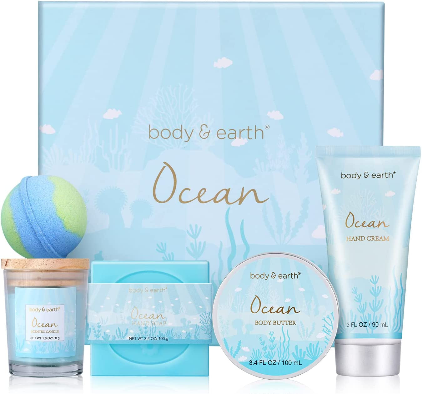 Pamper Gifts for Women, 5 Pcs Ocean Bath Spa Gift Set Includes Scented Candle, Body Butter, Gifts for Women, Birthday Gifts for Women, Gift Sets for Women, Relaxation Gifts for Women