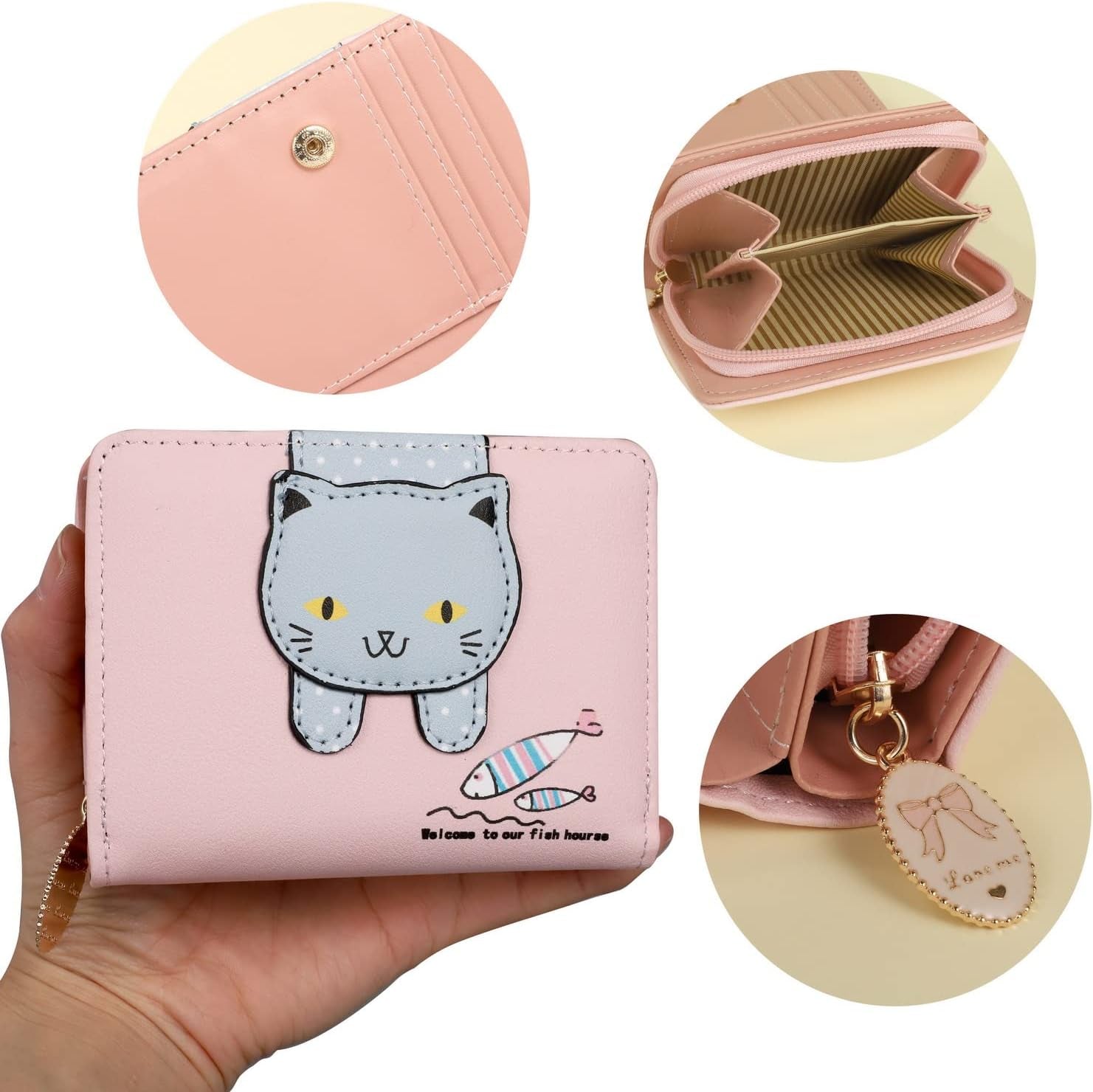 Girls Women Purses, Cute Cat Wallet Small PU Leather Coin Purses with Metal Zipper for Kids Teens Women Gift (Pink)