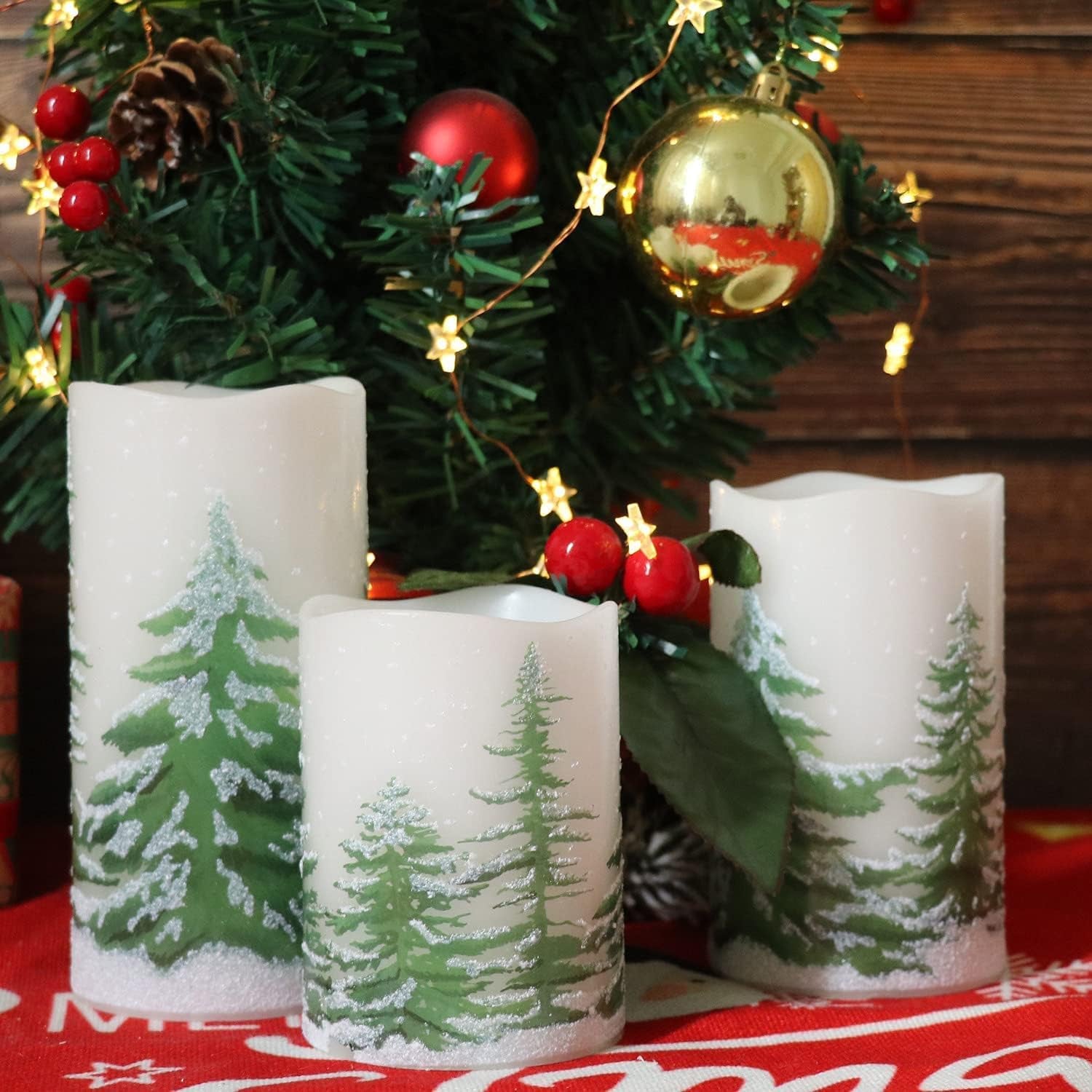 Green Tree Christmas Flameless Flickering Candles with 6H Timer, Battery Operated LED Candles Real Wax Decals Pack 3 Pillars Candles Gift Set 3 X 4/5/6 Inches