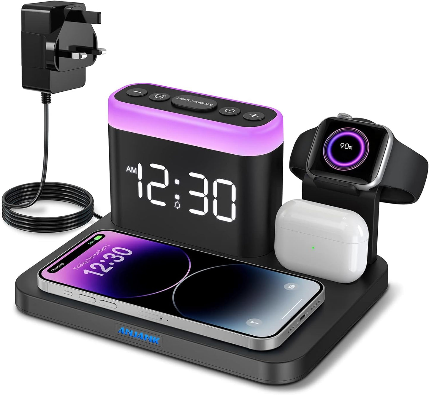 Wireless Charging Station-5 in 1 Wireless Charger Stand with Alarm Clock, 7 Night Lights, Charging Dock for Iphone 15/14/13/12/11/Pro/Max/Xr/Xs/Samsung Phone, Apple Watch 8/7/6/5/SE, Airpods Pro/3/2/1