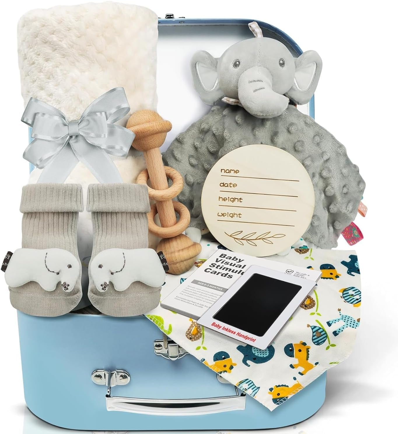 Newborn Baby Shower Gifts Set: 9PCS Boy Gifts Hamper Including Baby Blankets&Baby Bibs&Baby Socks and More - Unisex New Born Box Personalised Boy Presents
