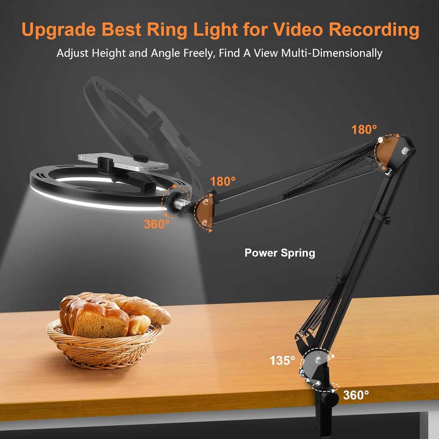 Desk Ring Light with Stand & Phone Holder, Overhead Phone Camera Mount with 10” Selfie Ring Light, Ring Light with Remote Control for Video Recording,Makeup,Cooking,Meeting,Live Streaming