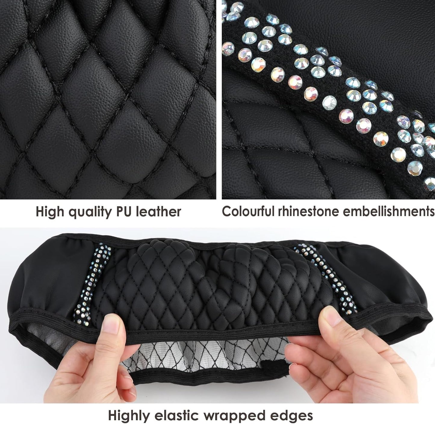 Bling Rhinestones Steering Wheel Cover 15 Inch Colorful Crystal Diamond Sparking Auto Elastic Protector Automotive for Women Girls Car Accessories for Most Cars Interior Decor (Black)
