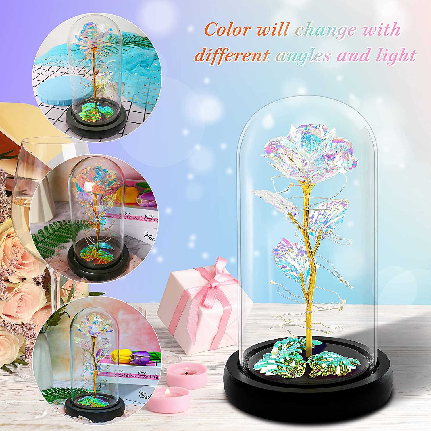 Rose Flower Gifts for Women,Birthday Gifts for Women,Womens Gifts for Christmas,Mom Gift for Xmas,Colorful Rainbow Artificial Flower Rose Light up Rose in a Glass Dome,Flower Gifts for Her,Anniversary