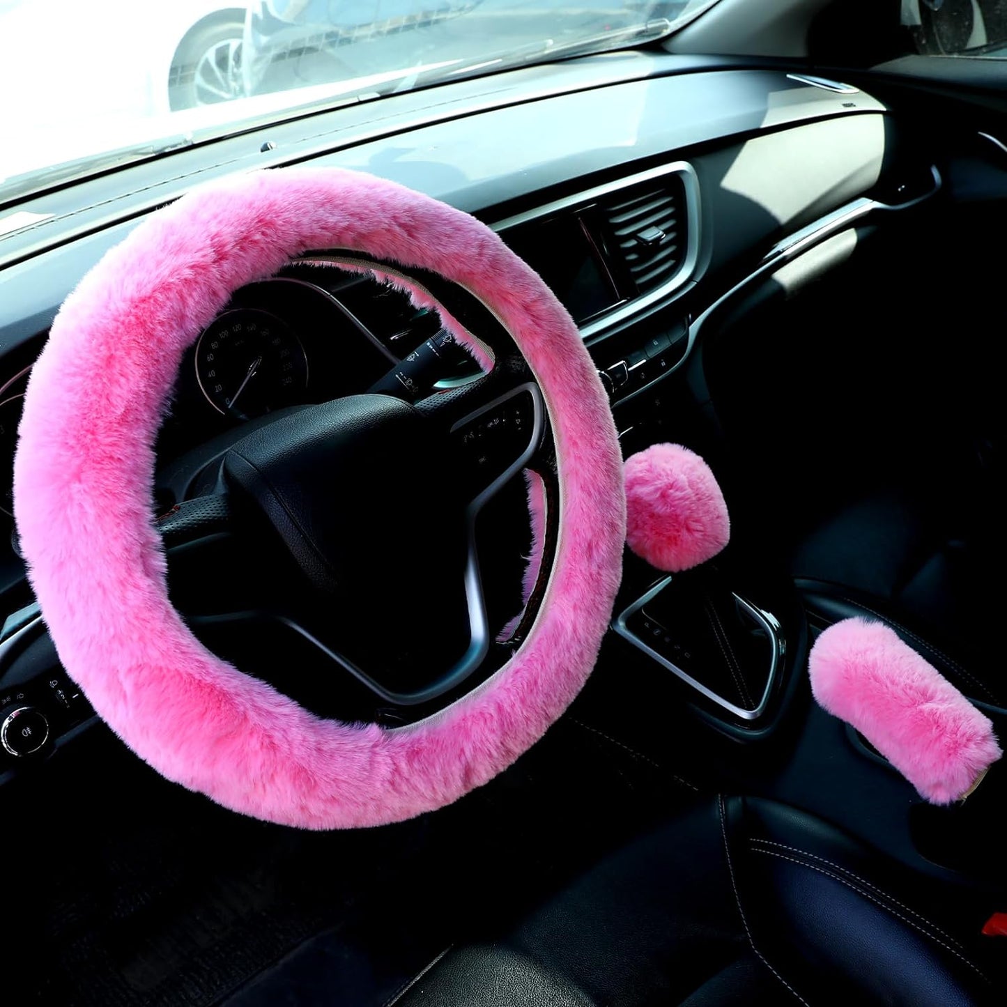 Pink Steering Wheel Cover Set, 3Pcs Steering Wheel Cover for Women Girls, Car Steering Wheel Cover Wheel Protector, Furry Steering Wheel Cover, Non-Slip Car Decoration Pink Car Accessories
