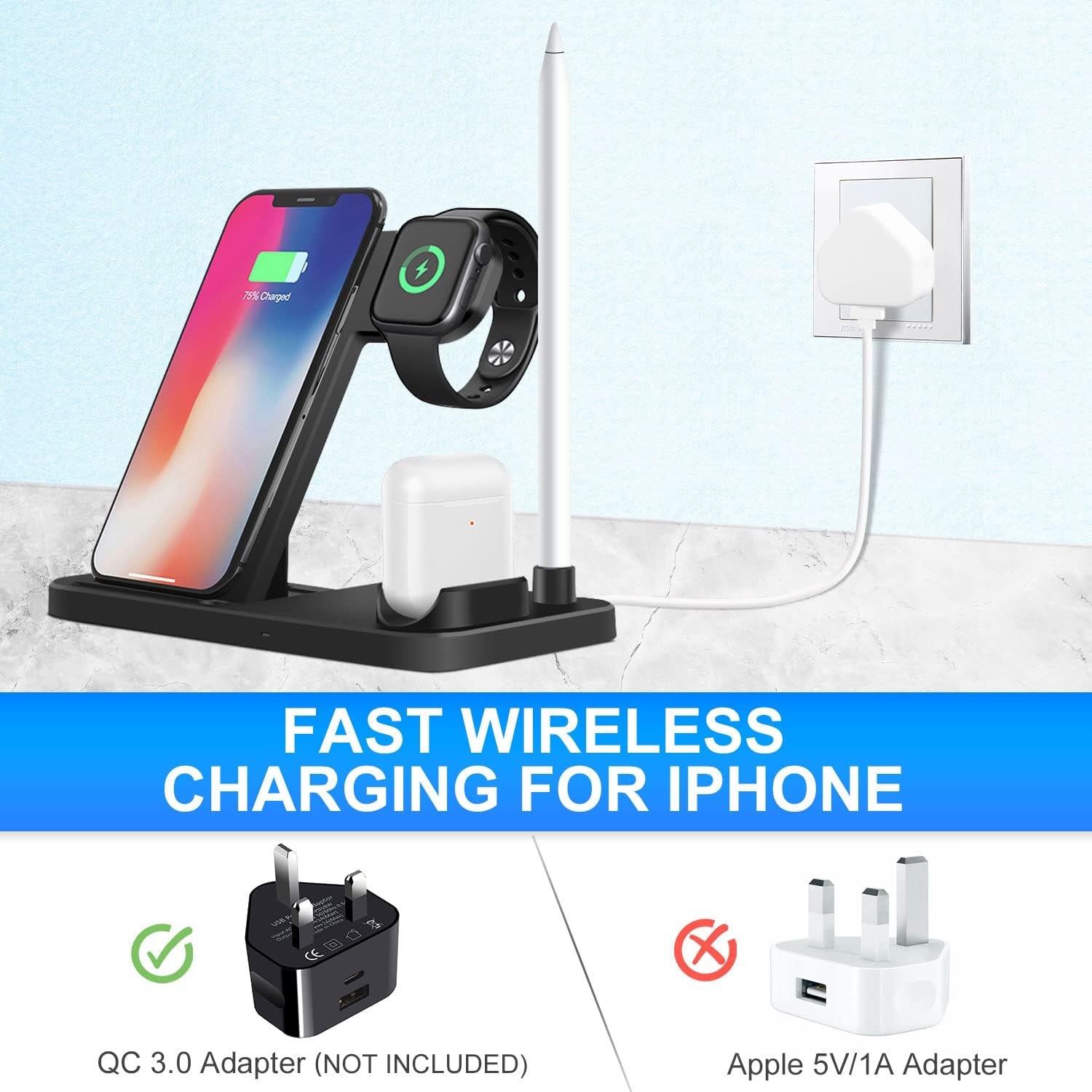 4 in 1 Wireless Charger, Foldable Wireless Charger Stand Compatible for Apple Watch & Airpods & Pencil,Fast Charger Compatible for Iphone 12/11/Pro Max/Xs/Xr Max/Xs/X/8P/8,Iwatch Series SE/6/5/4/3/2/1