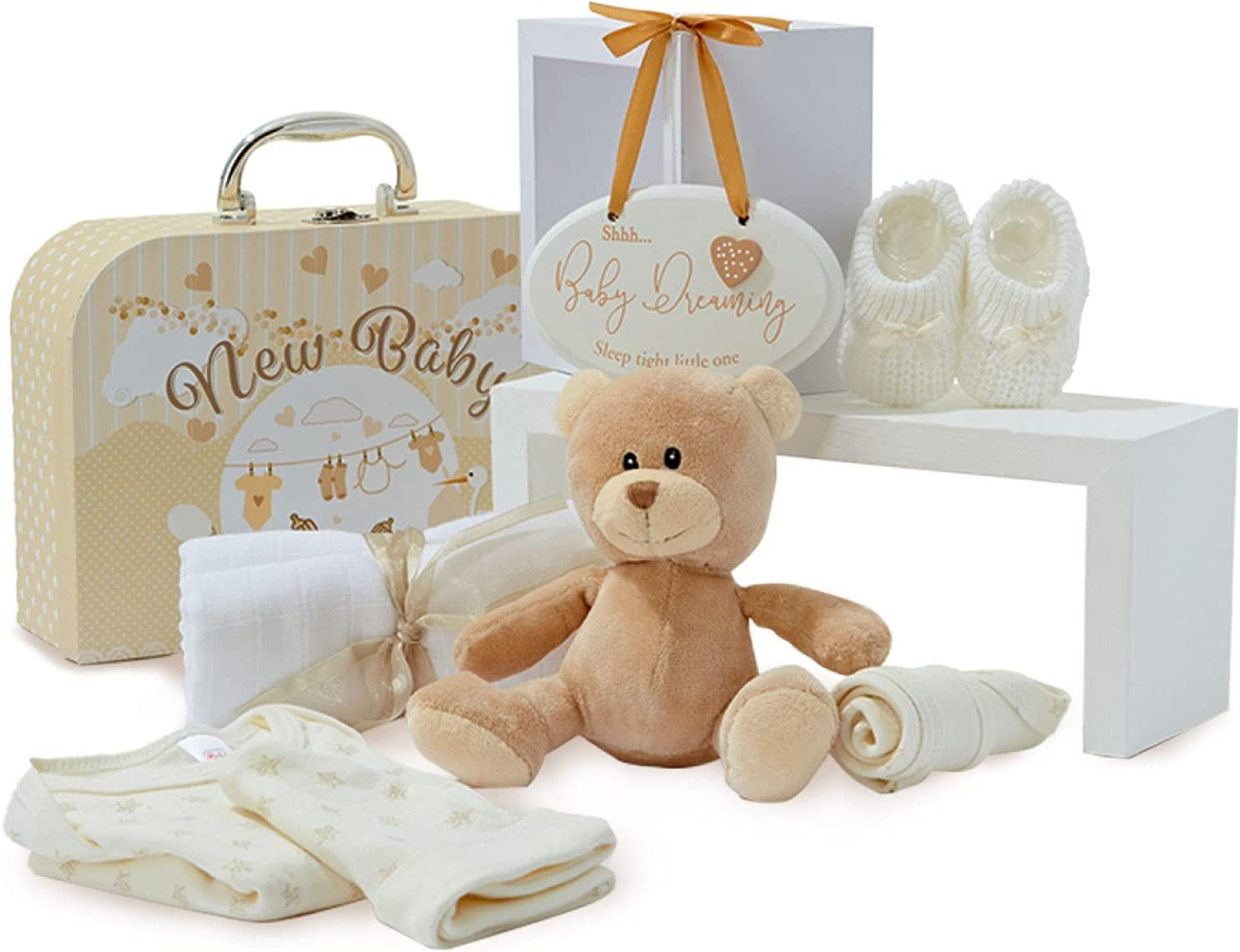 Baby Gifts Newborn Unisex - 7 Baby Gifts in a Neutral Baby Gift Set, Newborn Essentials and Baby Shower Gifts, Baby Hampers, Newborn Baby Presents, Welcome Gifts Baby Wishlist - Cream