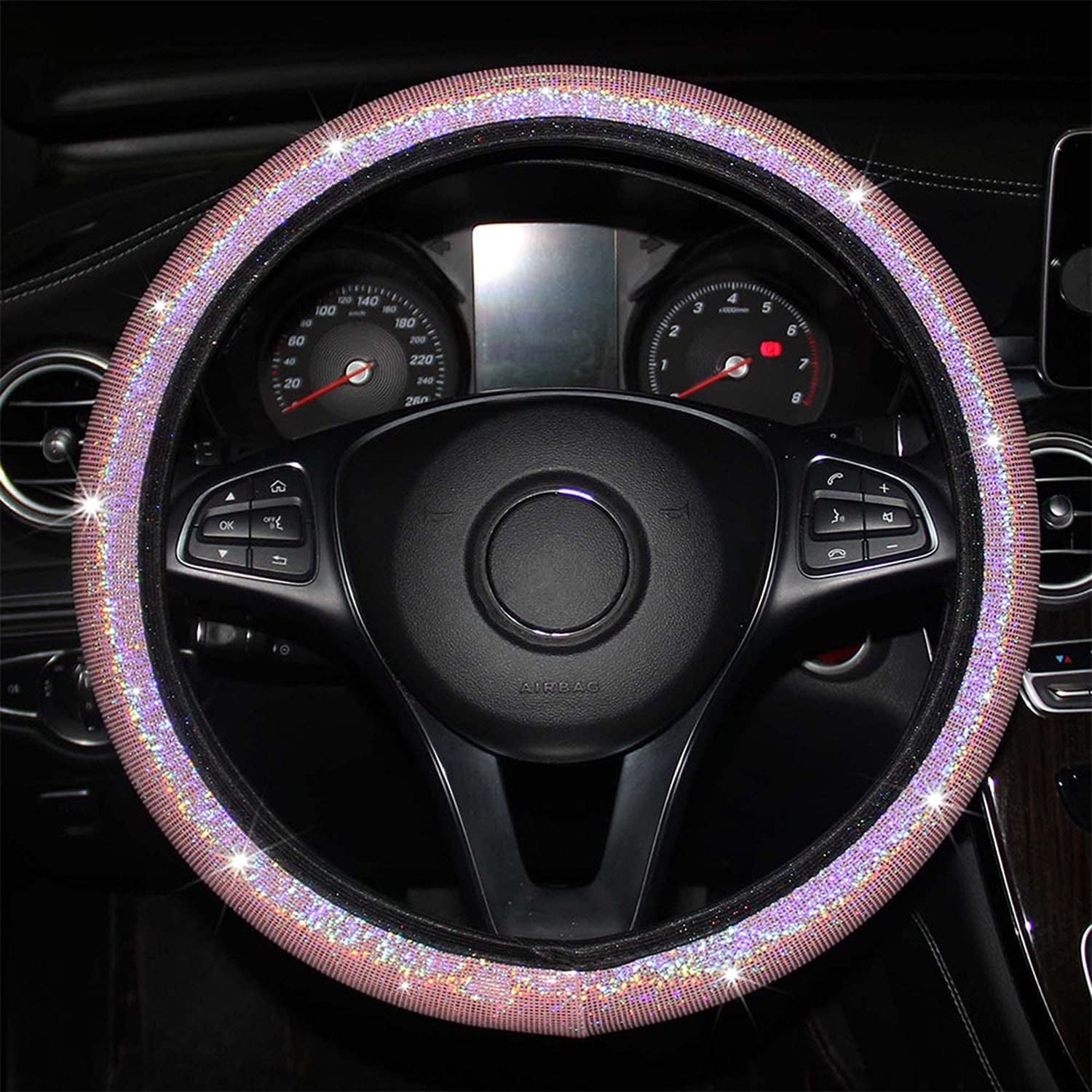 Pink Bling Steering Wheel Covers for Car with BONUS 2PCS Car Coasters, Stretchy Bling Steering Wheel Cover for Women & Girls & Men, Universal 15 Inches Girls Car Accessories.