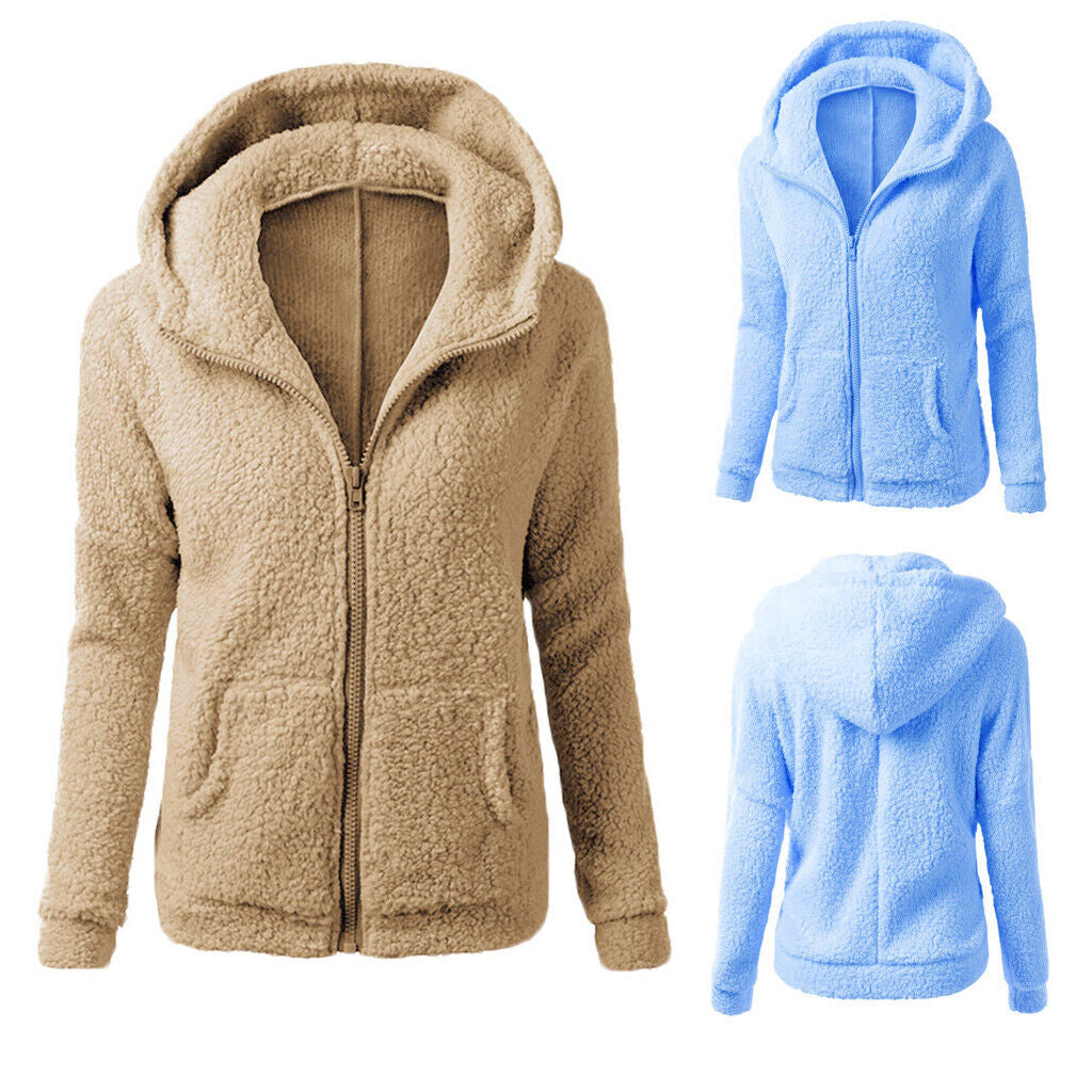 Womens Jackets Fashion Women Hooded Sweater Coat Winter Warm Wool Zipper Coat