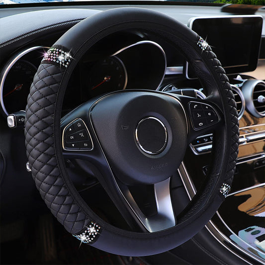 Bling Soft Leather Steering Wheel Cover, 15 Inch Colorful Bling Crystal Rhinestones Auto Elastic Steering Wheel Protector for Women Girls, Car Accessories for Most Cars (Black)