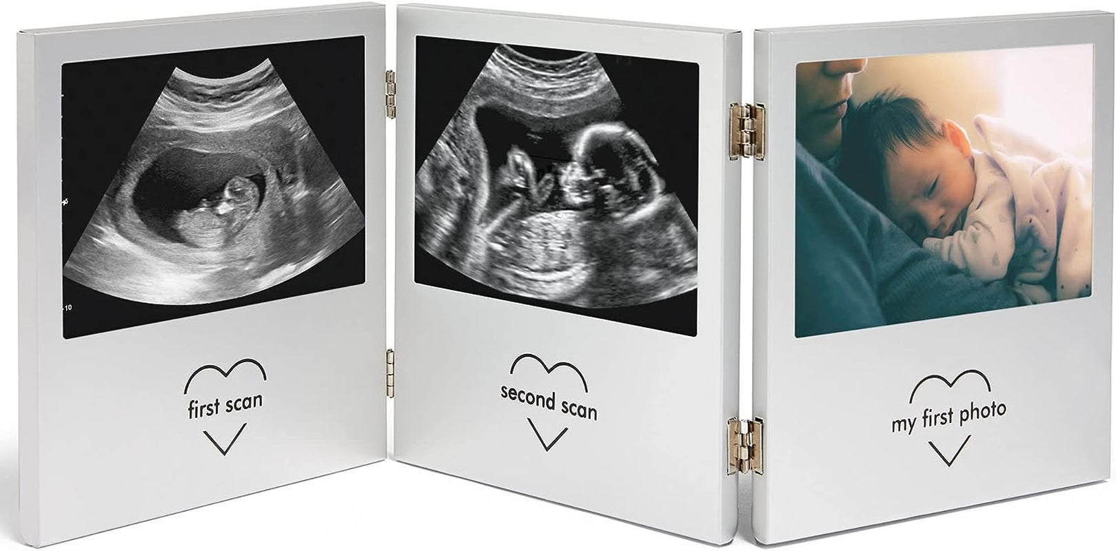Baby Scan Photo Frame, Multi-Photo Picture Frame for Gender Reveal or Baby Shower, Ultrasound Photo Frame Present for New Mums, Double Hinged Stainless Steel Frame with 3 Photo Apertures
