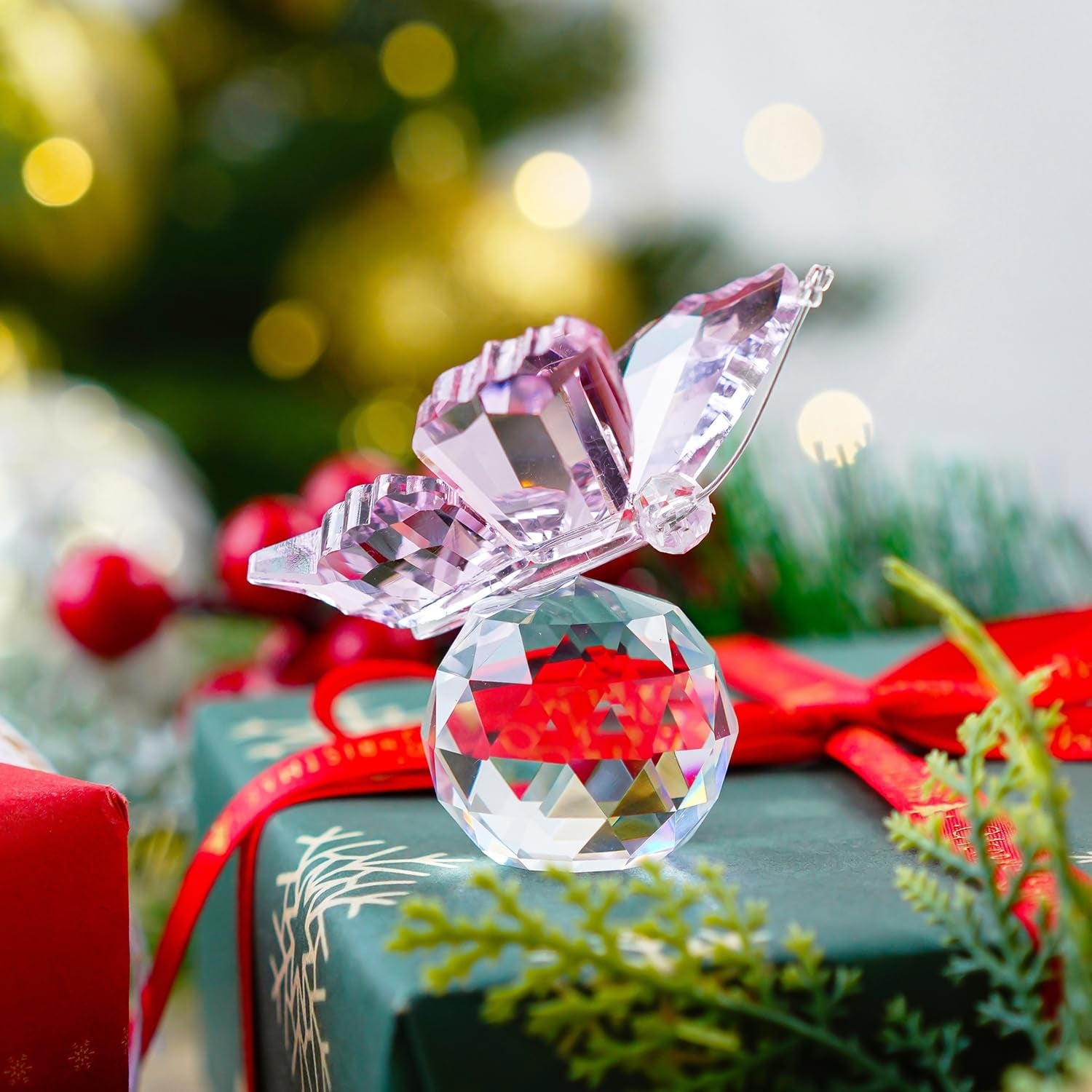 Crystal Flying Butterfly with Ball Base Figurine Art Glass Collection Ornament Statue Animal Paperweight (Pink)