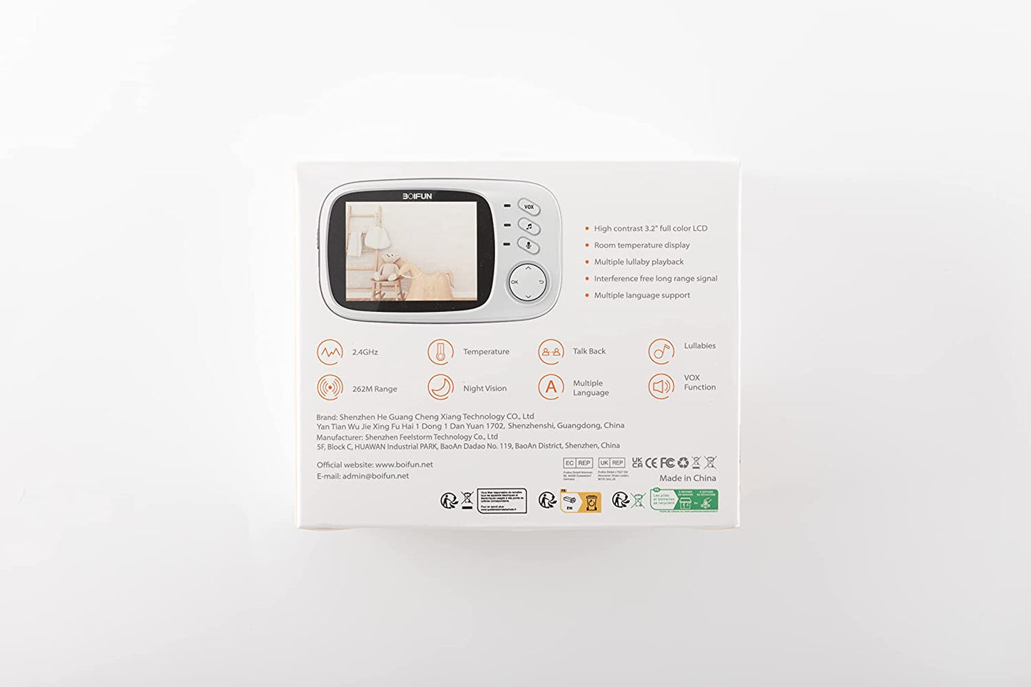 Video Baby Monitor Camera, Night Vision, No Wifi, ECO VOX Mode, 3.2'' Screen, Two-Way Audio, Rechargeable Battery, Feeding Reminder, Temperature Monitoring, Smart 8 Lullabies, Elder, Pet, Gift