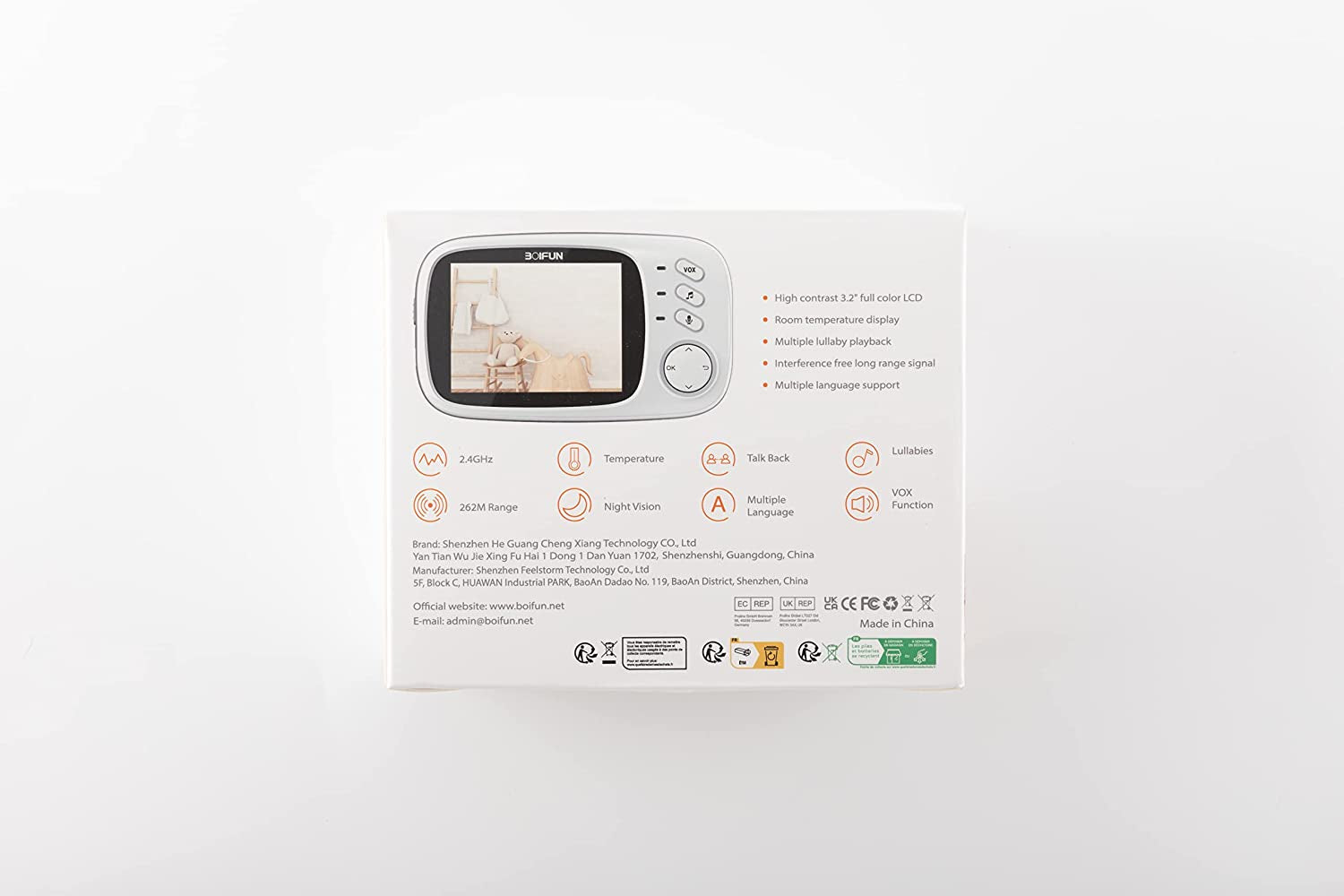Video Baby Monitor Camera, Night Vision, No Wifi, ECO VOX Mode, 3.2'' Screen, Two-Way Audio, Rechargeable Battery, Feeding Reminder, Temperature Monitoring, Smart 8 Lullabies, Elder, Pet, Gift