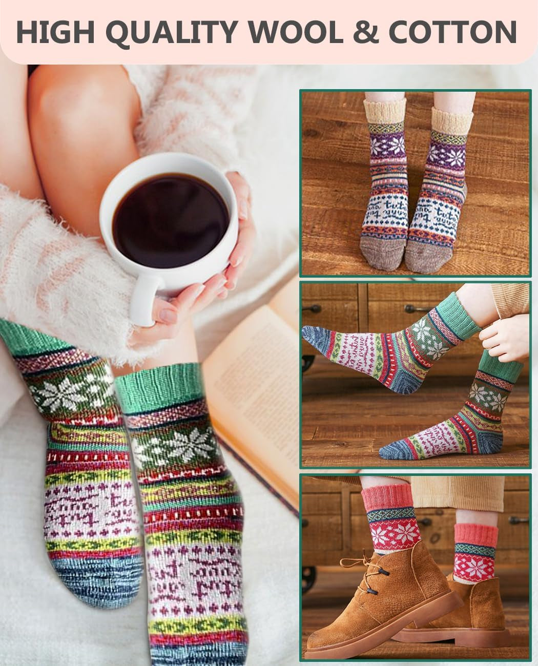 5 Pairs Womens Socks, Thermal Socks for Women, Thick Wool Winter Warm Knitting Ladies Bed Socks, Christmas Gifts for Women