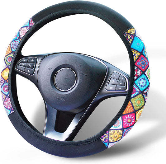 Steering Wheel Cover,Ethnic Style Coarse Flax Cloth Automotive Wheel Cover,Sweat Absorption Auto Car Wrap Cover,Anti-Slip Breathable Car Steering Wheel Protector for Car/Women,Fit Most Cars 15 Inch