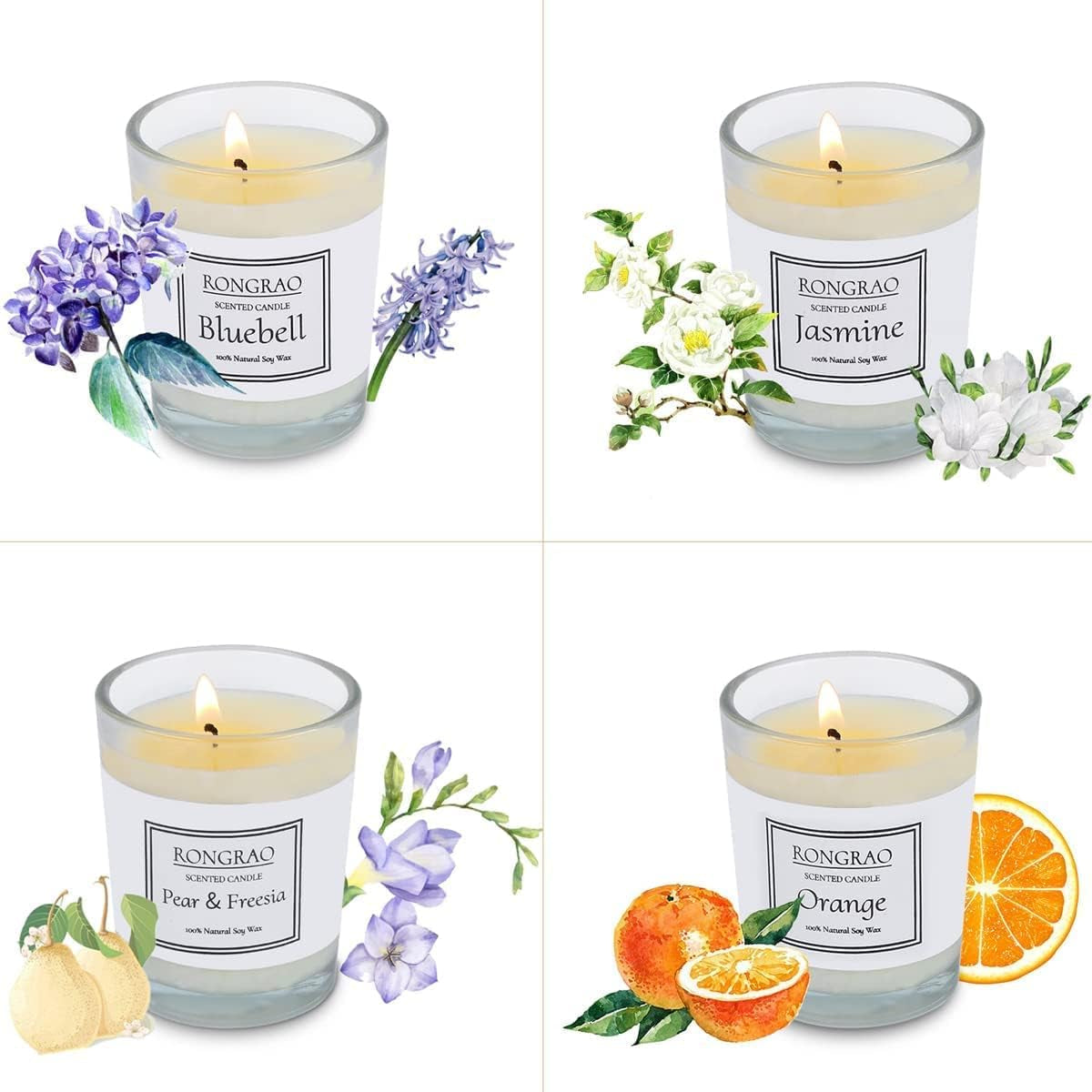 Scented Candles Gift Set, Soy Wax Candle of Jasmine, Pear & Freesia, Orange, Bluebell, Perfect for Women, Birthday, Bath Yoga, Weddings, Christmas, Mother’S Day, Valentine’S Day