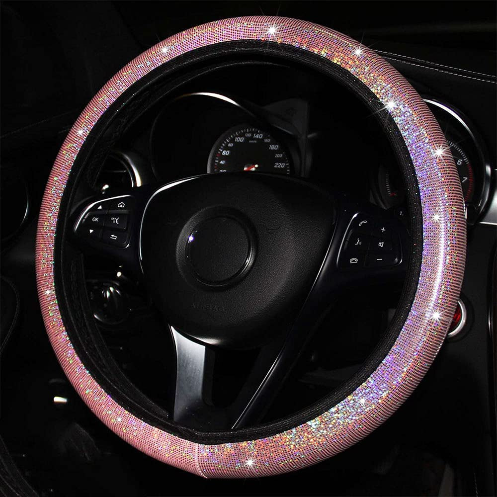 Pink Bling Steering Wheel Covers for Car with BONUS 2PCS Car Coasters, Stretchy Bling Steering Wheel Cover for Women & Girls & Men, Universal 15 Inches Girls Car Accessories.