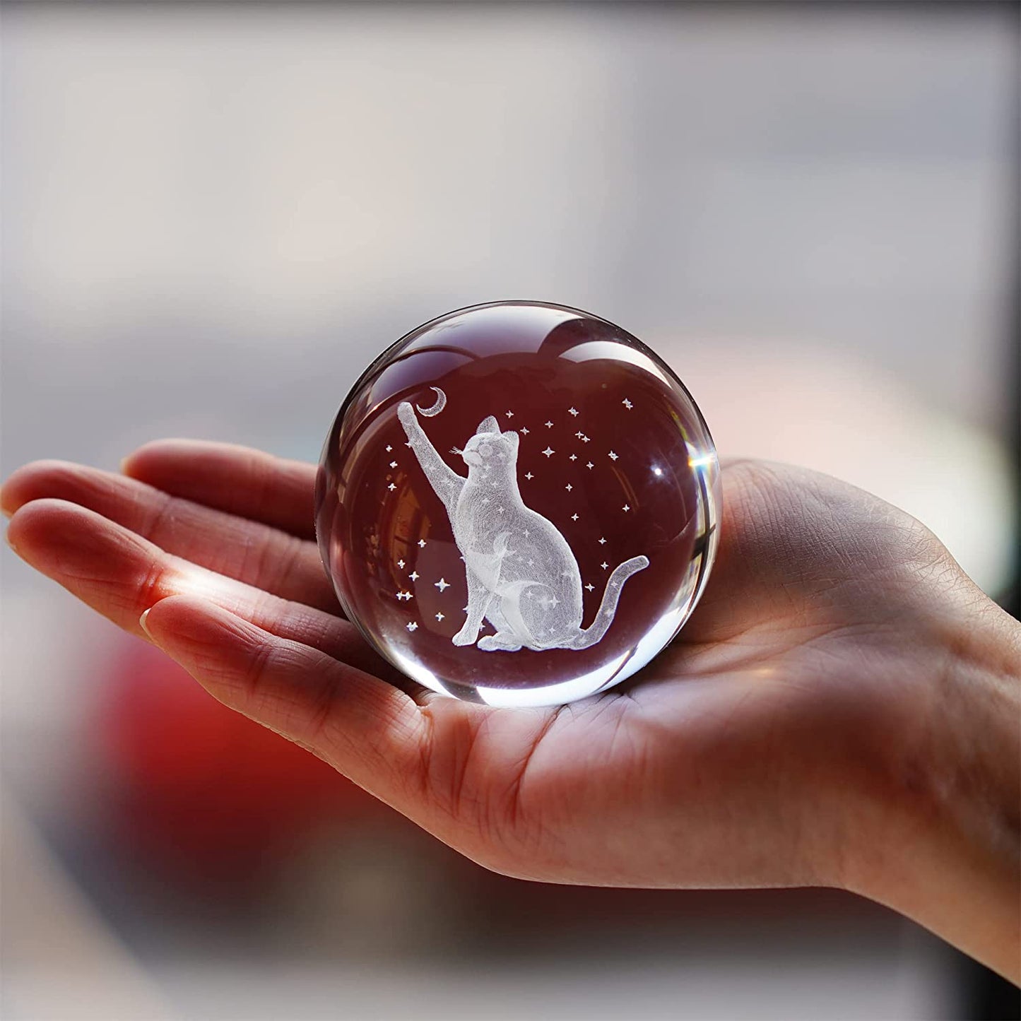 60Mm 3D Cat Crystal Ball Figurine Glass Laser Engraved Cat Moon Star Crystal Ball with Stand Glass Sphere Paperweights Cat Gifts for Cat Lovers Women…