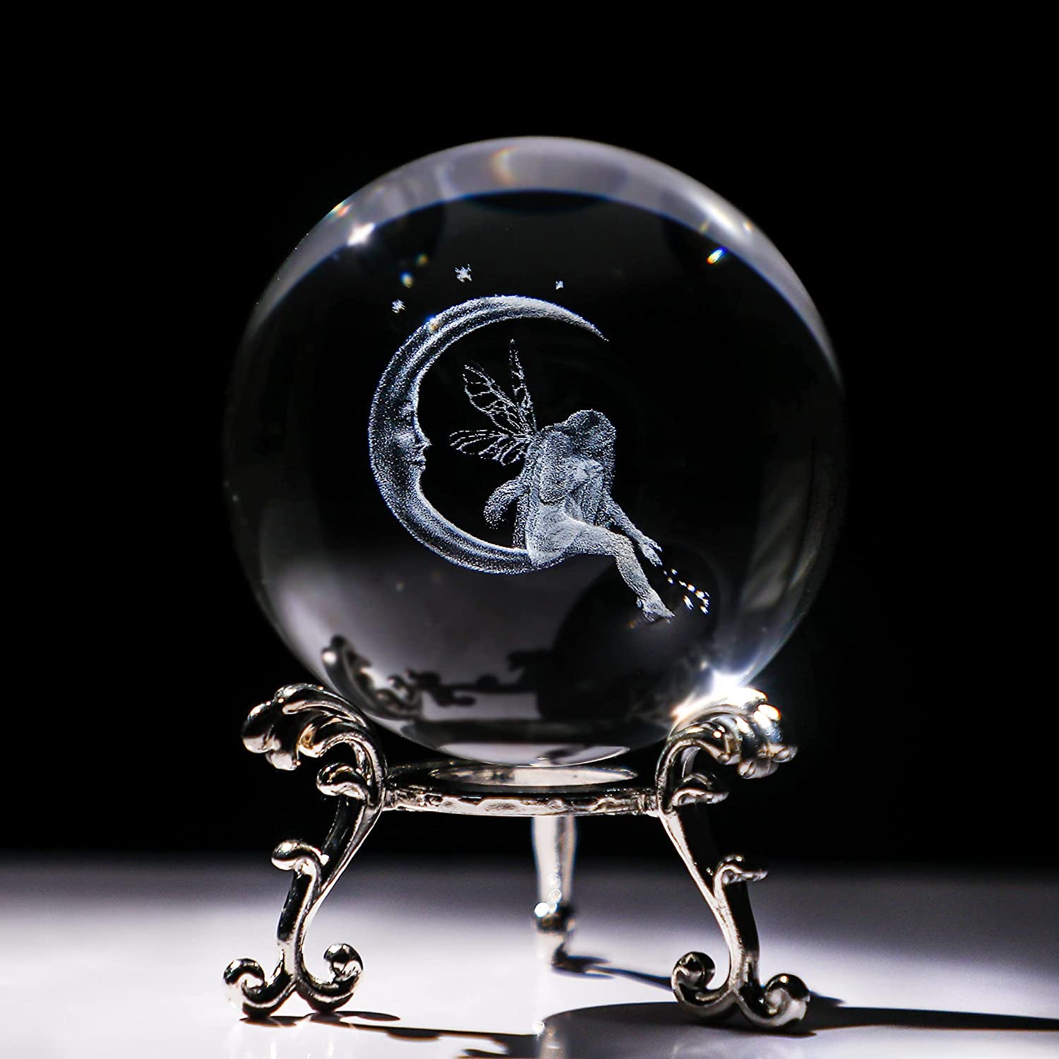 60Mm 3D Crystal Ball with Stand Glass Laser Moon and Fairy Ball Ornament Crystal Paperweights Figurine Home Art Decor Crafts with Metal Stand Gifts for Women