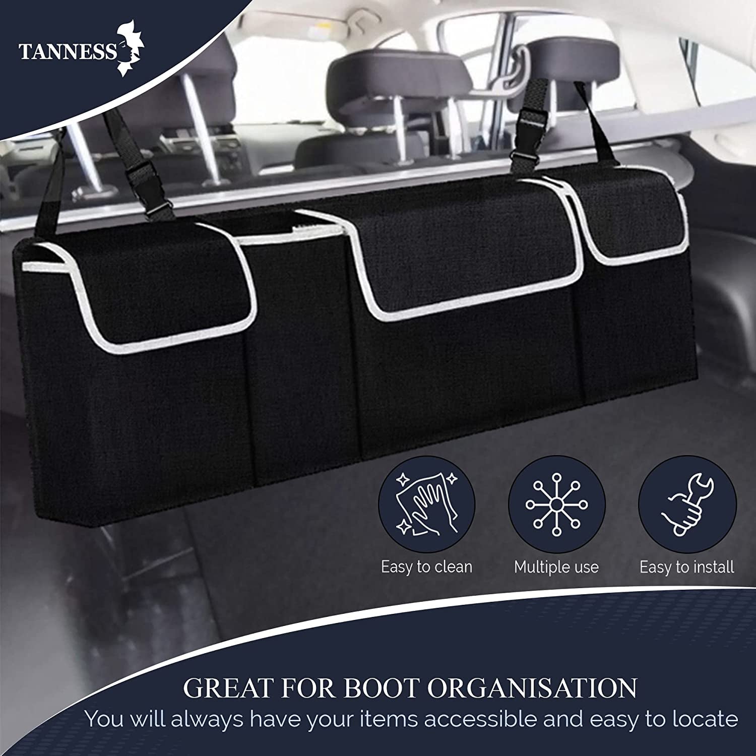 Car Boot Seat Organiser with Adjustable Straps - Storage Accessories Organisers - Seat Back Protectors, Medium Large Interior Travel Storage, Foldable Cargo Net Car Backseat Cover Gadgets