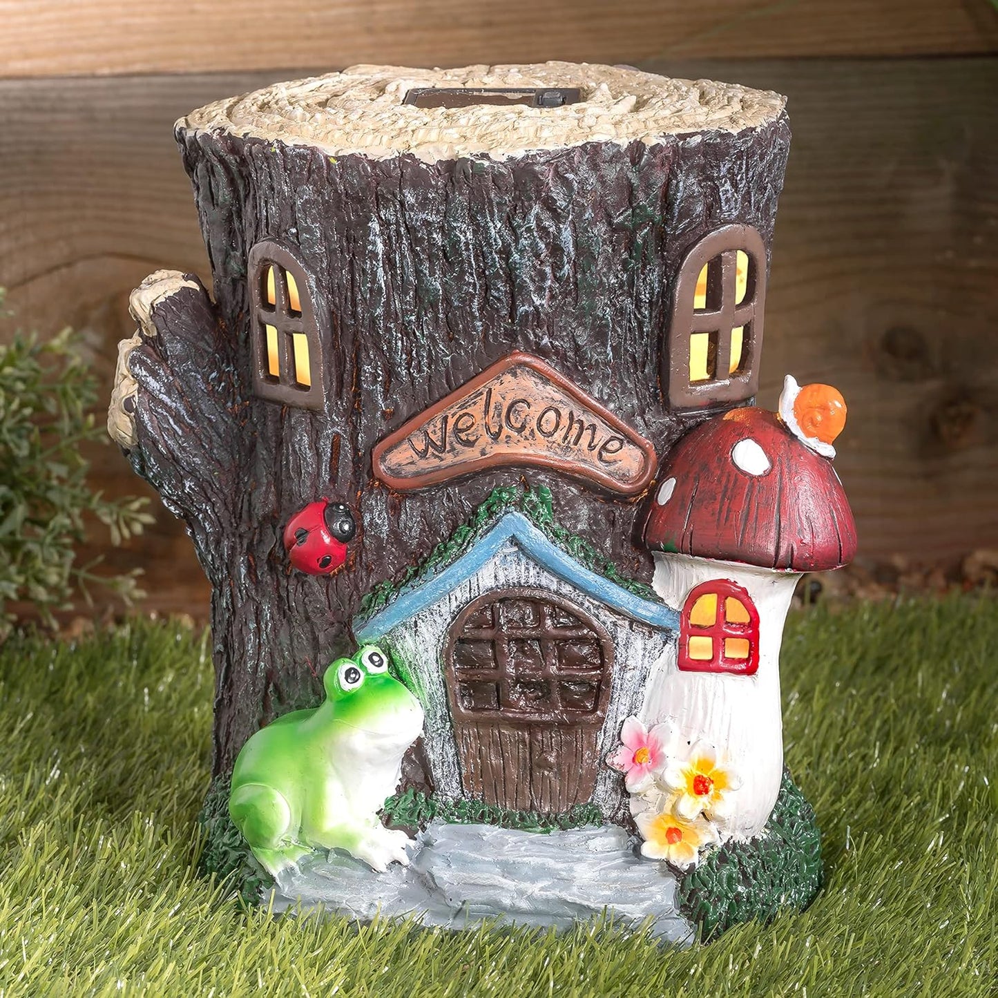 Solar Garden Ornaments Outdoor - Welcome Illuminated Wooden Pile House Garden Statues, Waterproof Resin Dwelling Ornament for Yard Lawn Garden Decorations and Gift