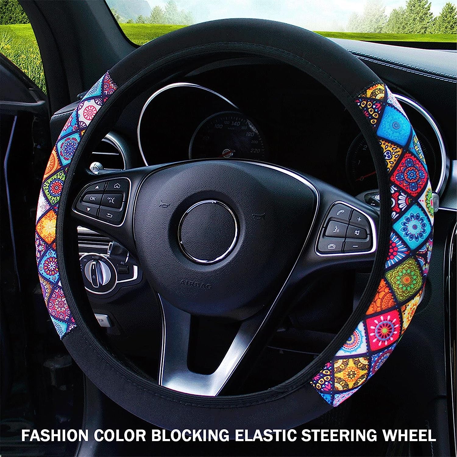 Steering Wheel Cover,Ethnic Style Coarse Flax Cloth Automotive Wheel Cover,Sweat Absorption Auto Car Wrap Cover,Anti-Slip Breathable Car Steering Wheel Protector for Car/Women,Fit Most Cars 15 Inch