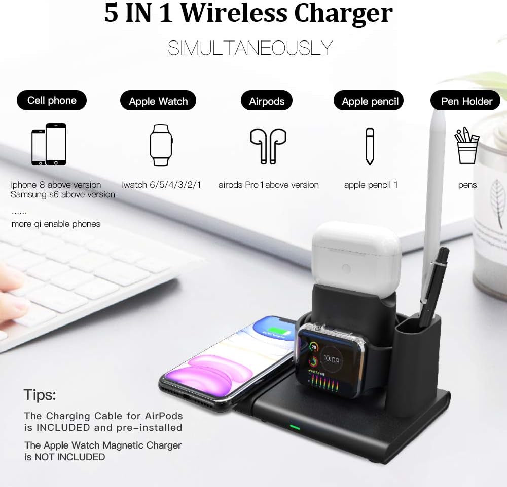 5 in 1 Wireless Charger Station,2020 New Version QI Fast Wireless Charger Pad Compatible for Iphone 11 / Pro/X / 8, Samsung Galaxy S20 / S10, Huawei P30 Pro, Apple Watch, Airpods, Apple Pencil