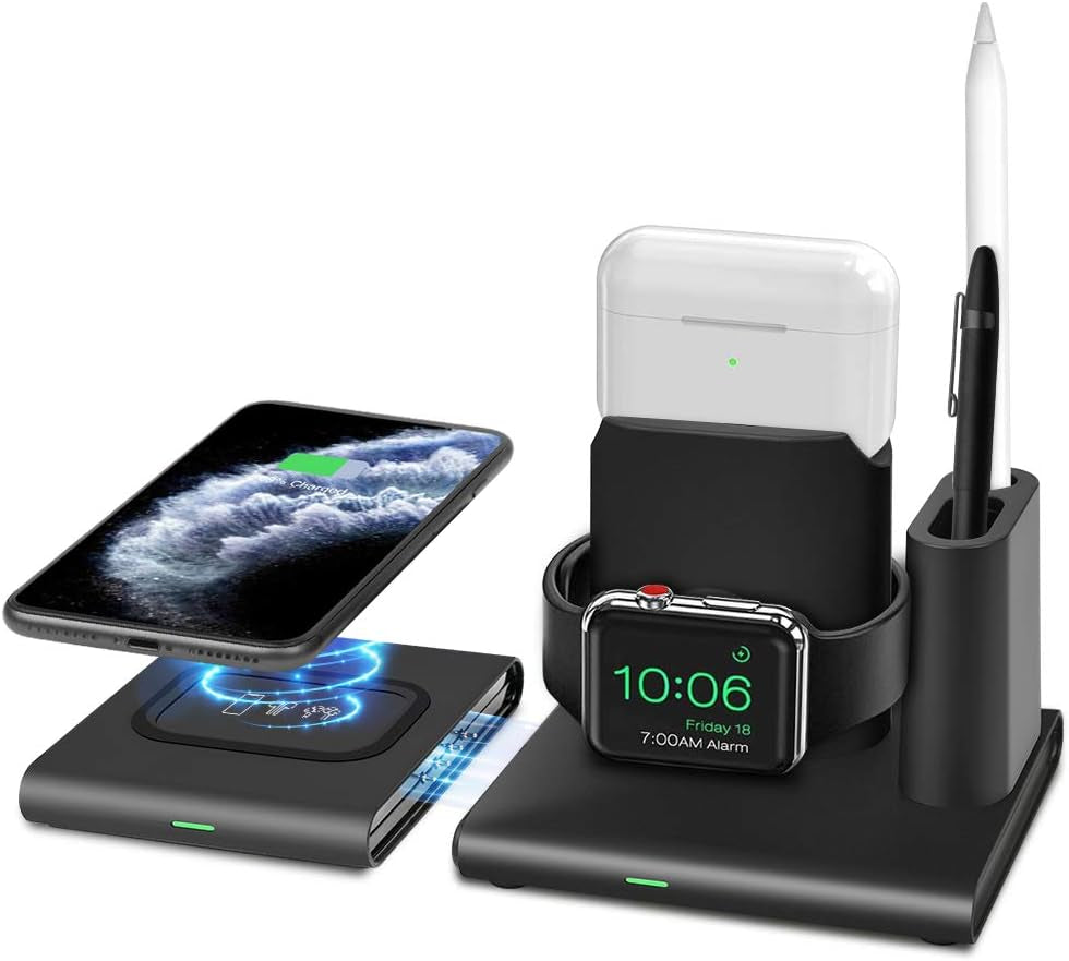 5 in 1 Wireless Charger Station,2020 New Version QI Fast Wireless Charger Pad Compatible for Iphone 11 / Pro/X / 8, Samsung Galaxy S20 / S10, Huawei P30 Pro, Apple Watch, Airpods, Apple Pencil