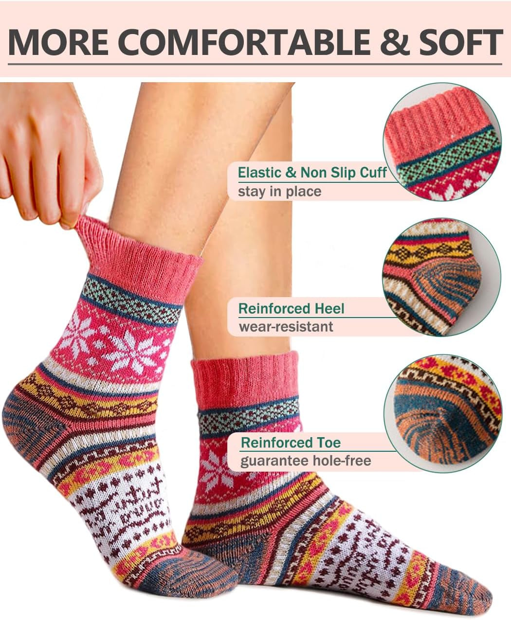 5 Pairs Womens Socks, Thermal Socks for Women, Thick Wool Winter Warm Knitting Ladies Bed Socks, Christmas Gifts for Women