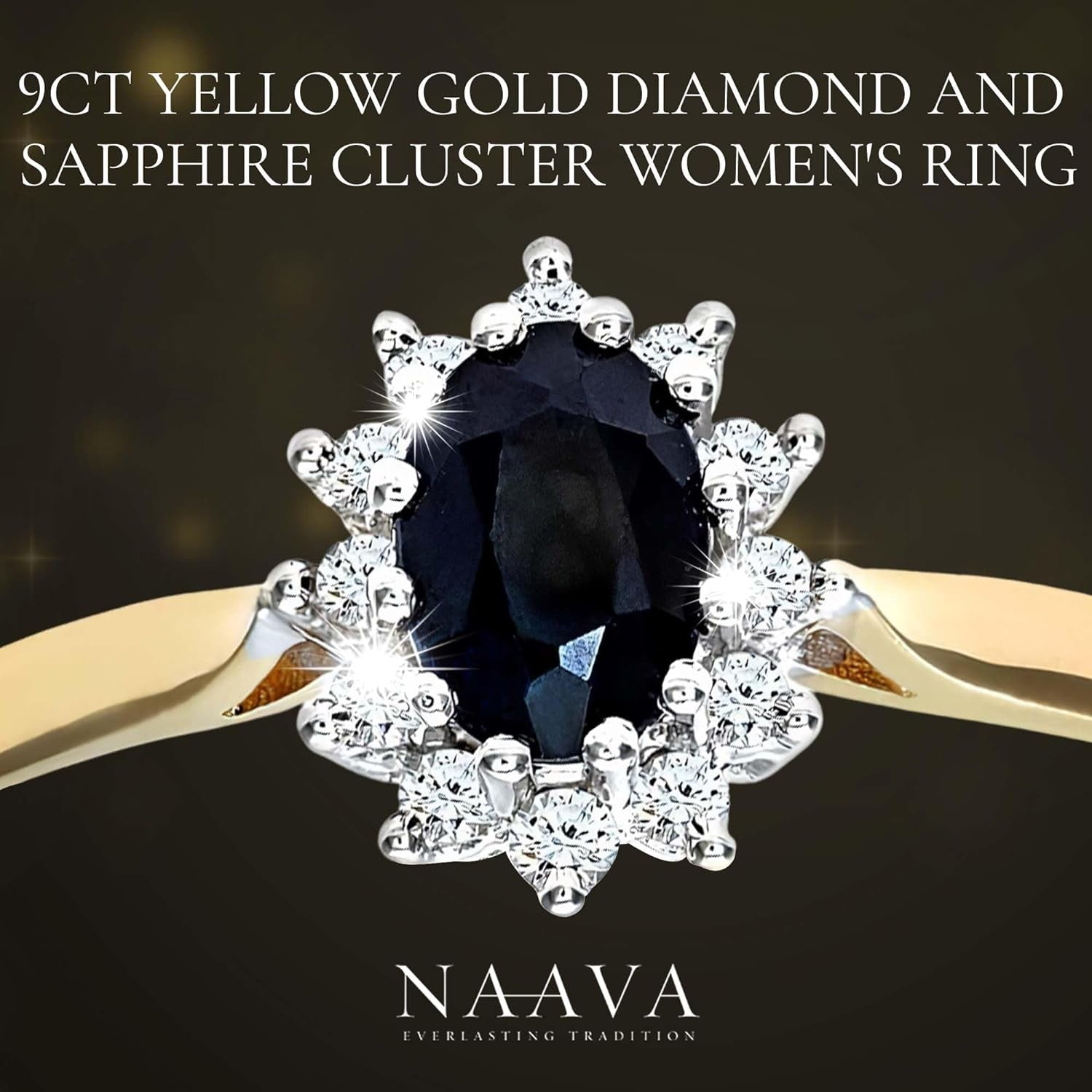 9 Ct Yellow Gold Diamond and Sapphire Cluster Women'S Ring